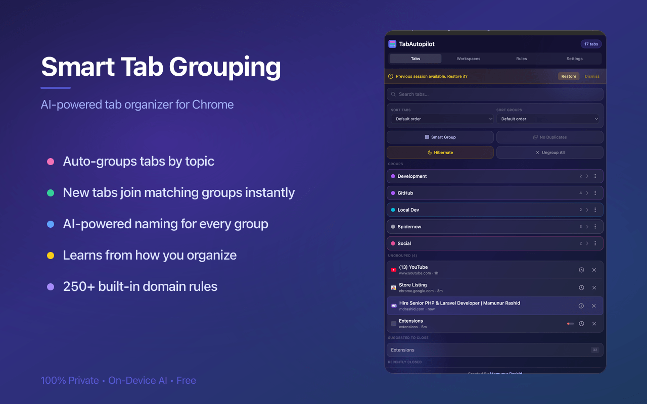 Tab Autopilot smart grouping: open tabs auto-grouped by topic into named, colored tab groups in the side panel