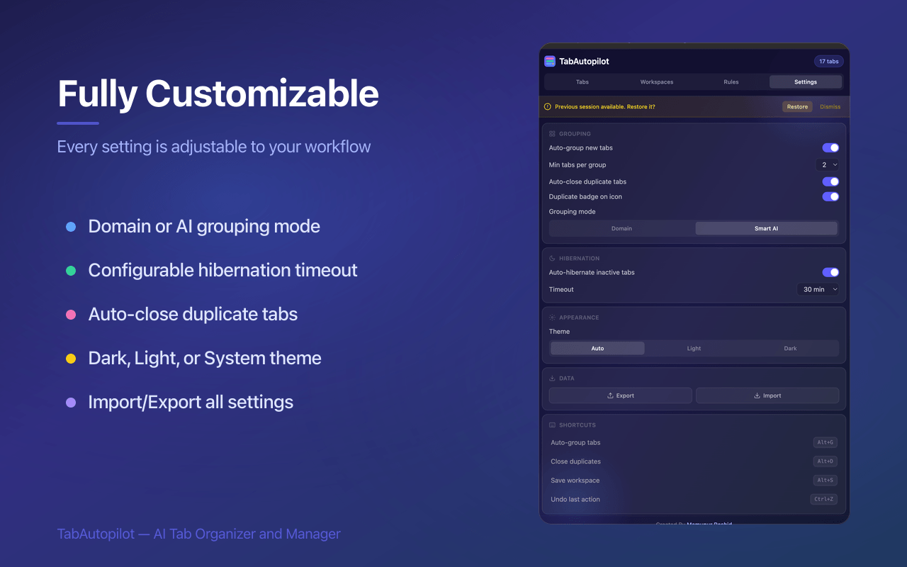 Tab Autopilot settings: grouping mode, hibernation timeout, duplicate handling, theme and privacy toggles