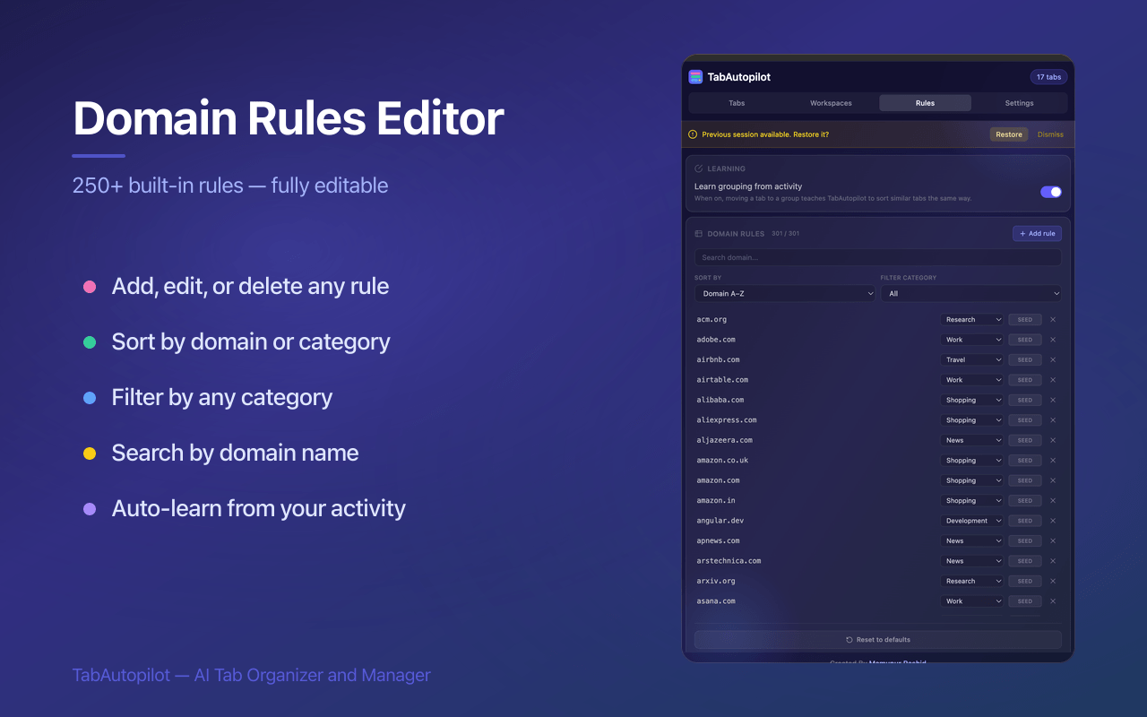 TabAutopilot domain rules editor with 300 editable domain-to-category rules, search, sort and filter