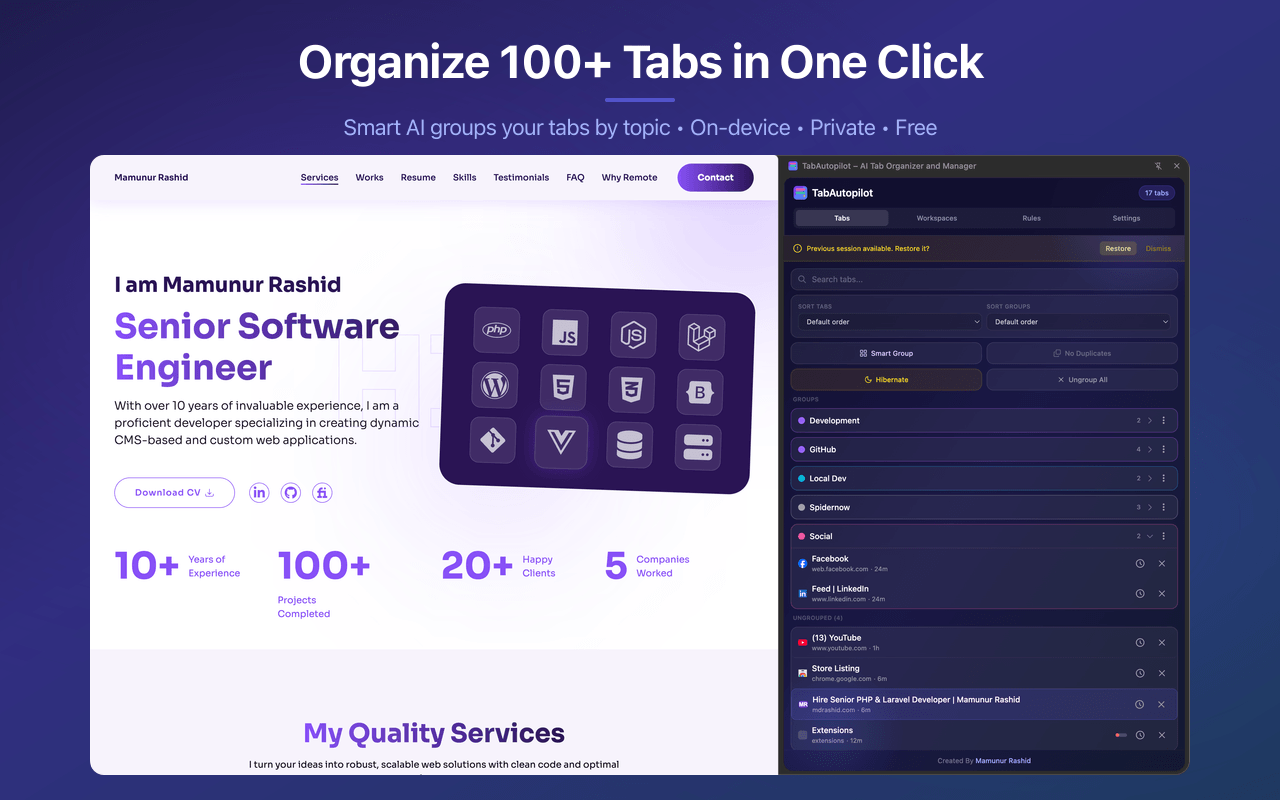 Organize 100+ tabs in one click: TabAutopilot side panel next to a browser window showing Development, GitHub, Local Dev and Social tab groups